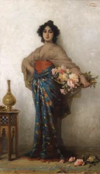 Bellezza orientale con cesto di rose